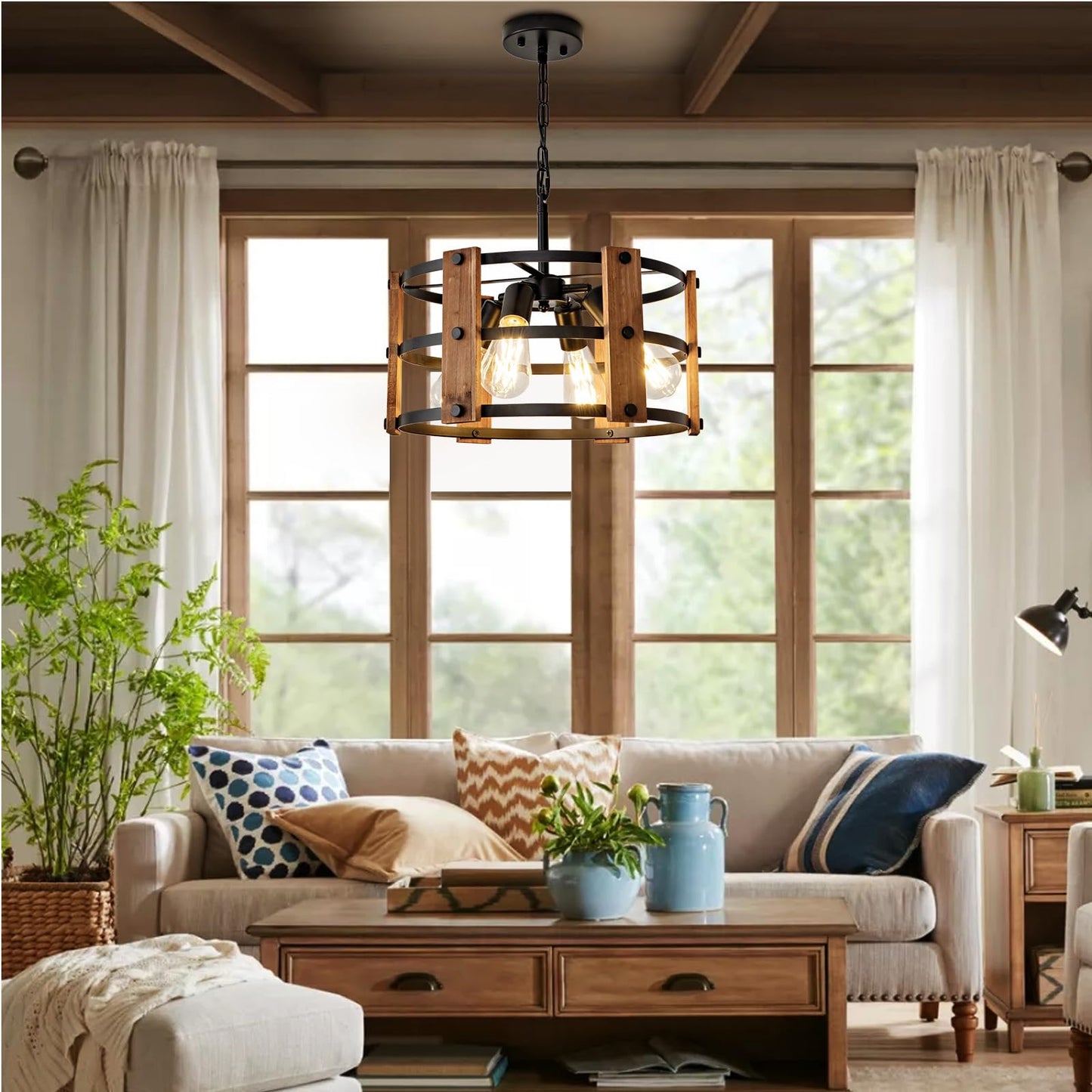 Daoseolo Rustic Farmhouse Chandelier - 4-Light Pendant Fixture, Adjustable Height, Brown Wood, 15.7Inch For Entryway, Kitchen, Living Room