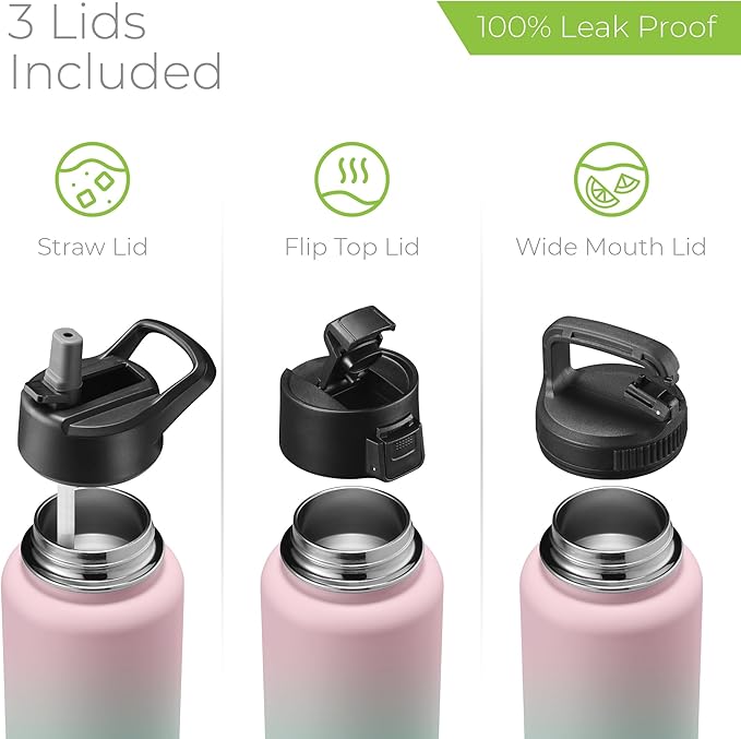 SipX™ Triple-Insulated Stainless Steel Water Bottle 40oz. With 3 Lids, BPA-Free Reusable Insulated Water Bottle Keeps Cold 24 Hours, Metal Water Bottle Made Of Sustainable Material For Hiking & Biking