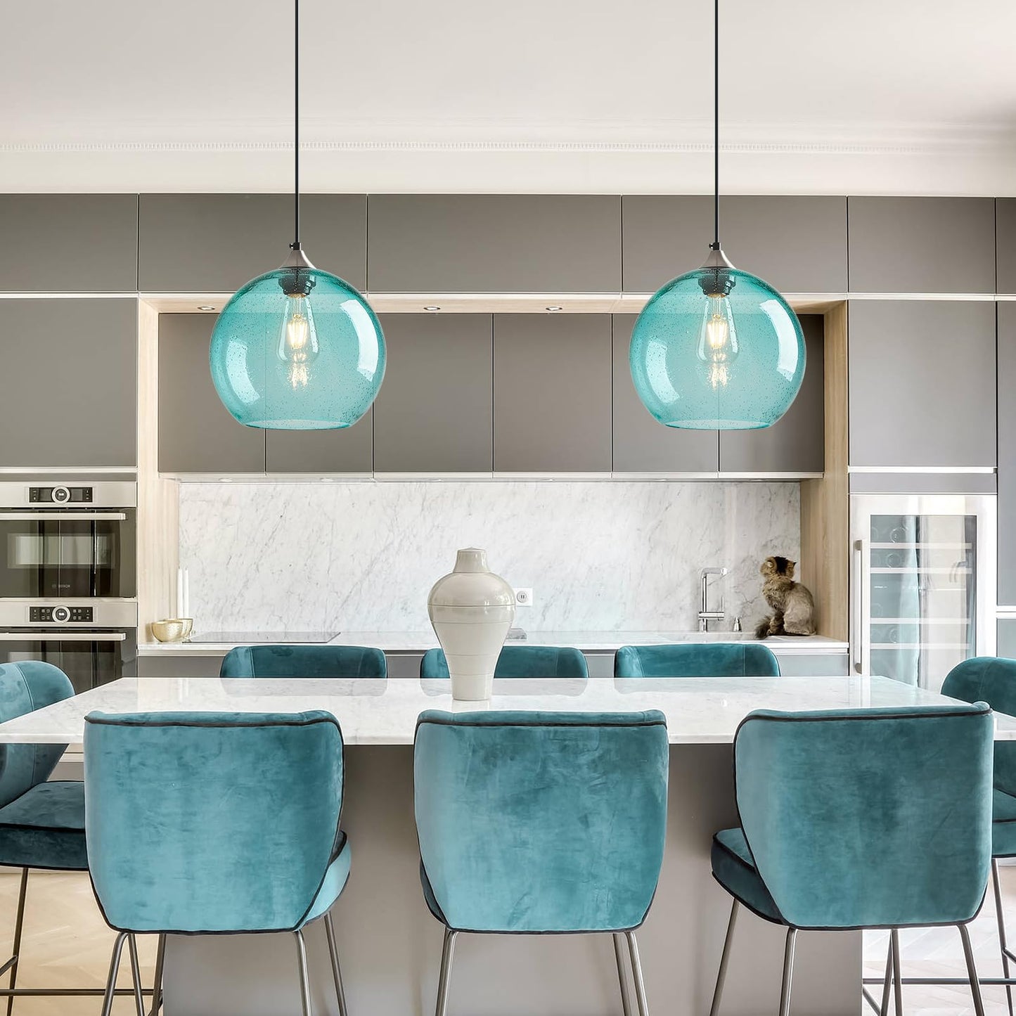 Lbsqj Light Blue Glass Pendant Lights Kitchen Island Globe Pendant Light Fixtures Modern Pendant Lighting For Bedroom Living Dining Room Light Fixture (9.84 In  1 Pack)