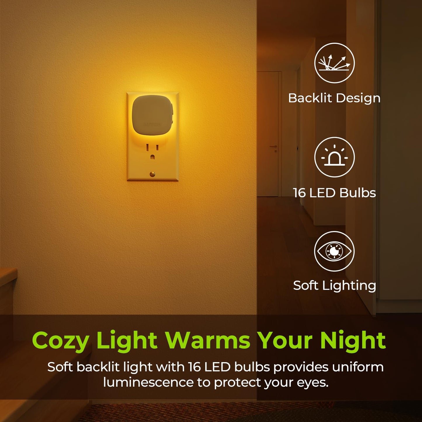 AUVON LED Backlit Night Light with Motion Sensor, Dimmable Amber, 1-50 lm Brightness, Model N001A, 4 Pack