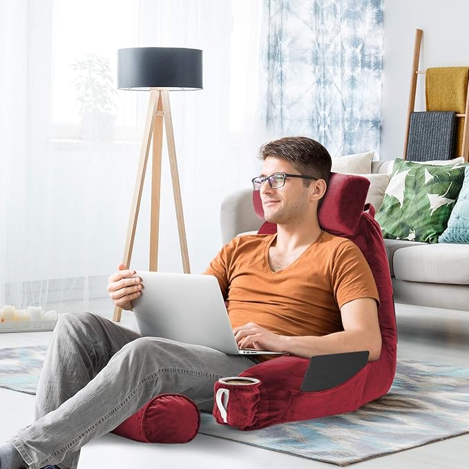 Nestl Reading Pillow Large Bed Pillow, Back Pillow for Sitting in Bed Shredded Memory Foam Chair Pillow, Reading & Bed Rest Pillows Cherry Red Back Pillow for Bed, Bed Chair Arm Pillow with Pockets
