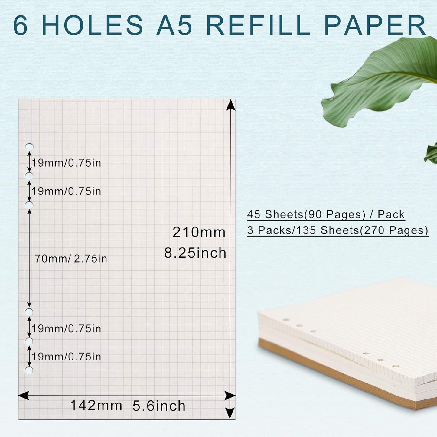 Toplive [3 Pack] A5 Refill Paper - 100GSM Thick 6 Hole Filler Inserts, 135 Sheets (270 Pages) for 6 Ring Binder Journal Notebook, Squared