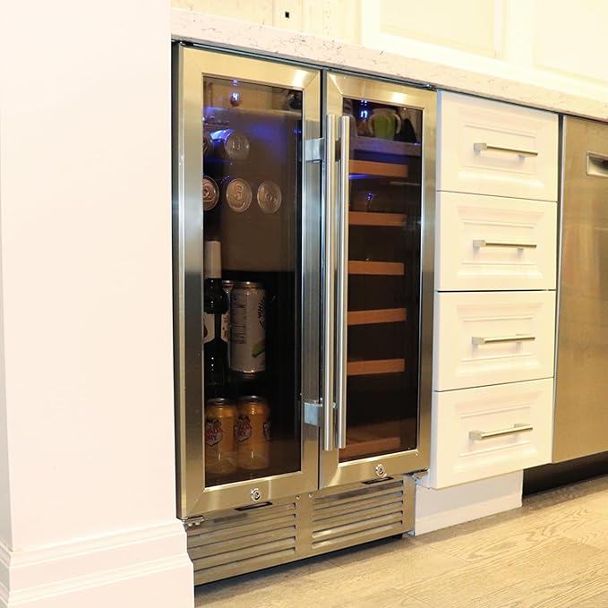 Koolatron Wine Fridge - Under Counter Wine Cooler, 18 Bottle & 56 Beverage Can Chiller, Built in Cabinet for Champagne, White & Redwines, Bar, Dual Zone Cellar, Stainless Steel Made In Canada