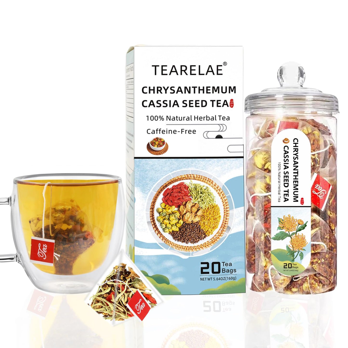 Tearelae - Chrysanthemum Cassia Seed Tea - Nourishing Liver Tea - 8G X 20 Count - Burdock Root, Goji Berry, Honeysuckle, Osmanth
