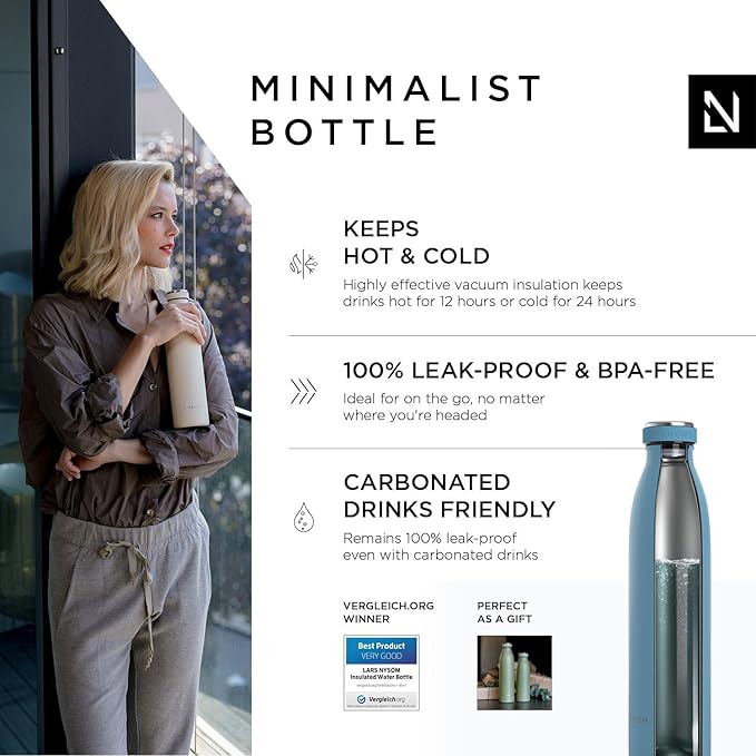 LARS NYSØM Stainless Steel Insulated Water Bottle 12oz 17oz 25oz 34oz 51oz | BPA-free Insulated Thermo Flask for Hot and Cold Beverages | Leakproof Drinking Bottle (Niagara, 25oz)