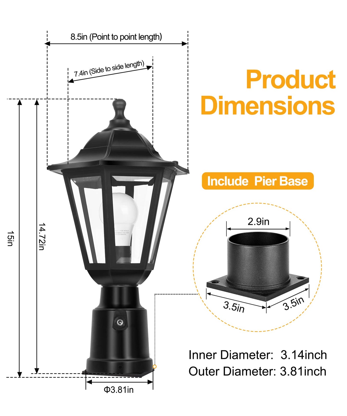FUDESY Dusk to Dawn Sensor Outdoor Post Light, Waterproof Plastic Lantern, Black, Model FDS6163B1PS, LED Bulb Included