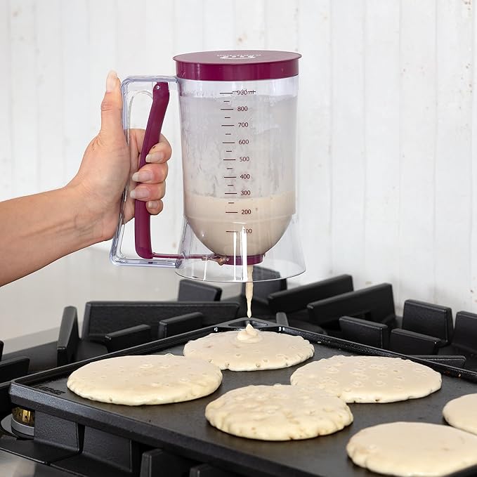 KPKitchen Pancake Batter Dispenser - Kitchen Must Have Tool for Perfect Pancakes, Cupcake, Waffle, Muffin Mix - White Elephant Gifts for Adults - Pancake Griddle Maker with Measuring Label (Purple)