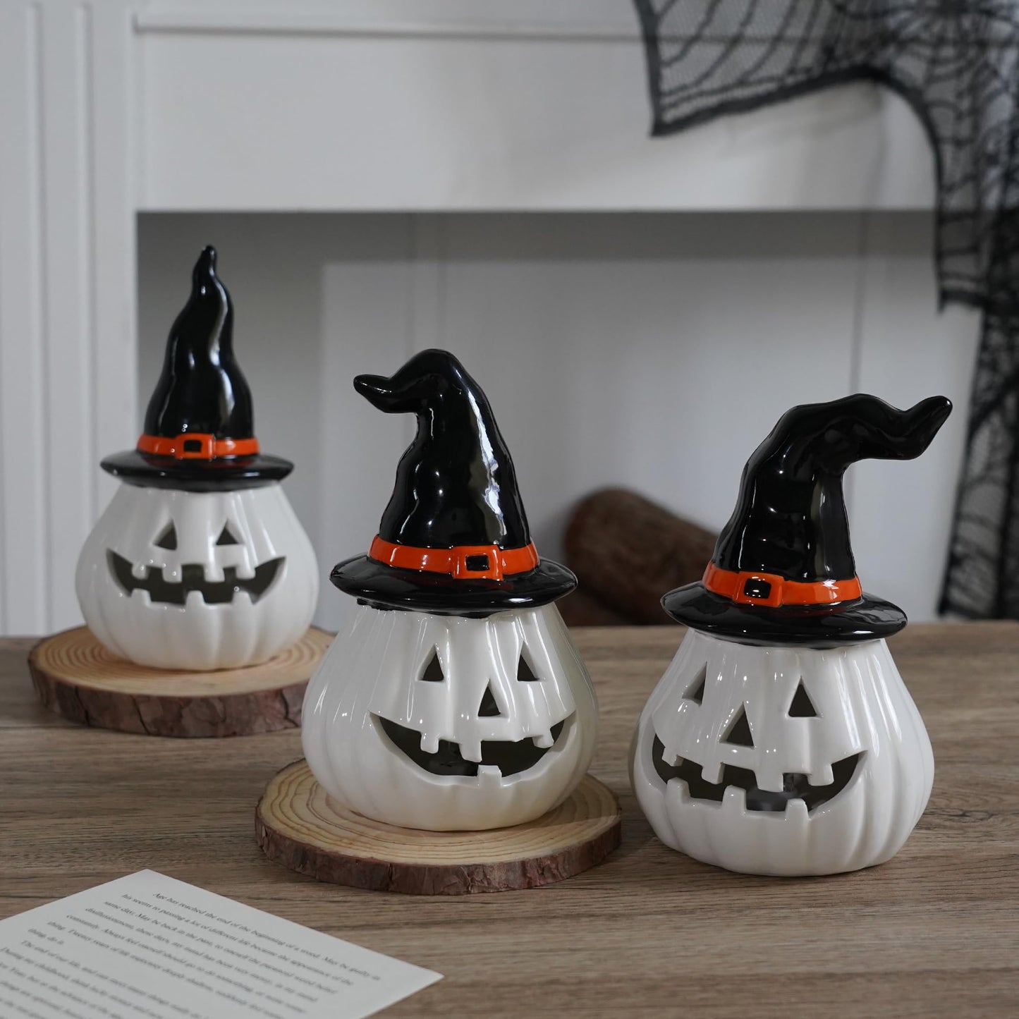 Nerosun 3 Pack Halloween Light Up Pumpkin Decorations  Ceramic Battery Operated Lighted Jack O Lantern Figurines  Spooky Halloween Ornaments For Indoor Home Fireplace Tabletop Centerpieces