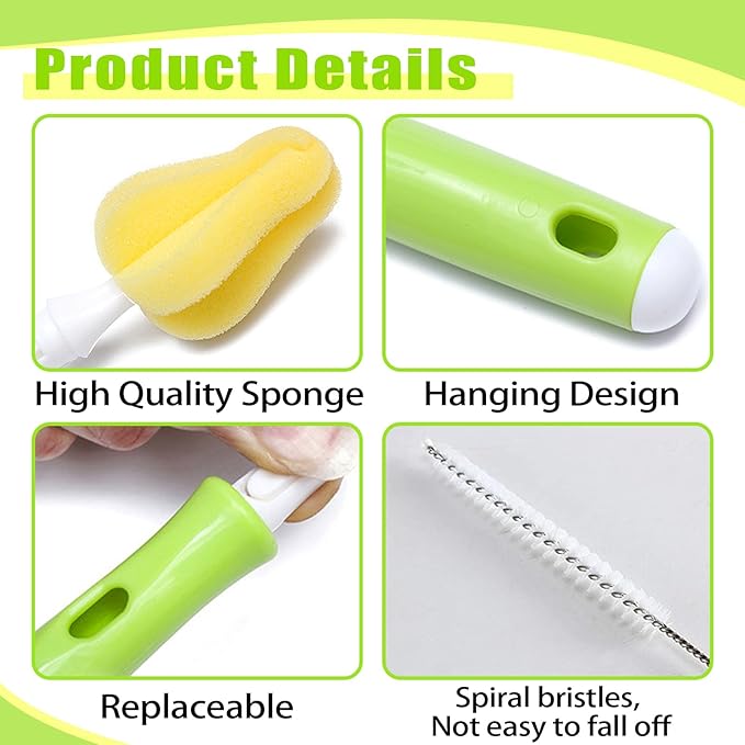 INVODA 12PCS Sponge Nipple Bottle Brushes, Baby Bottle & Nipple Cleaner with 4 Replacement Heads & 4 Straw Brushes (Yellow)
