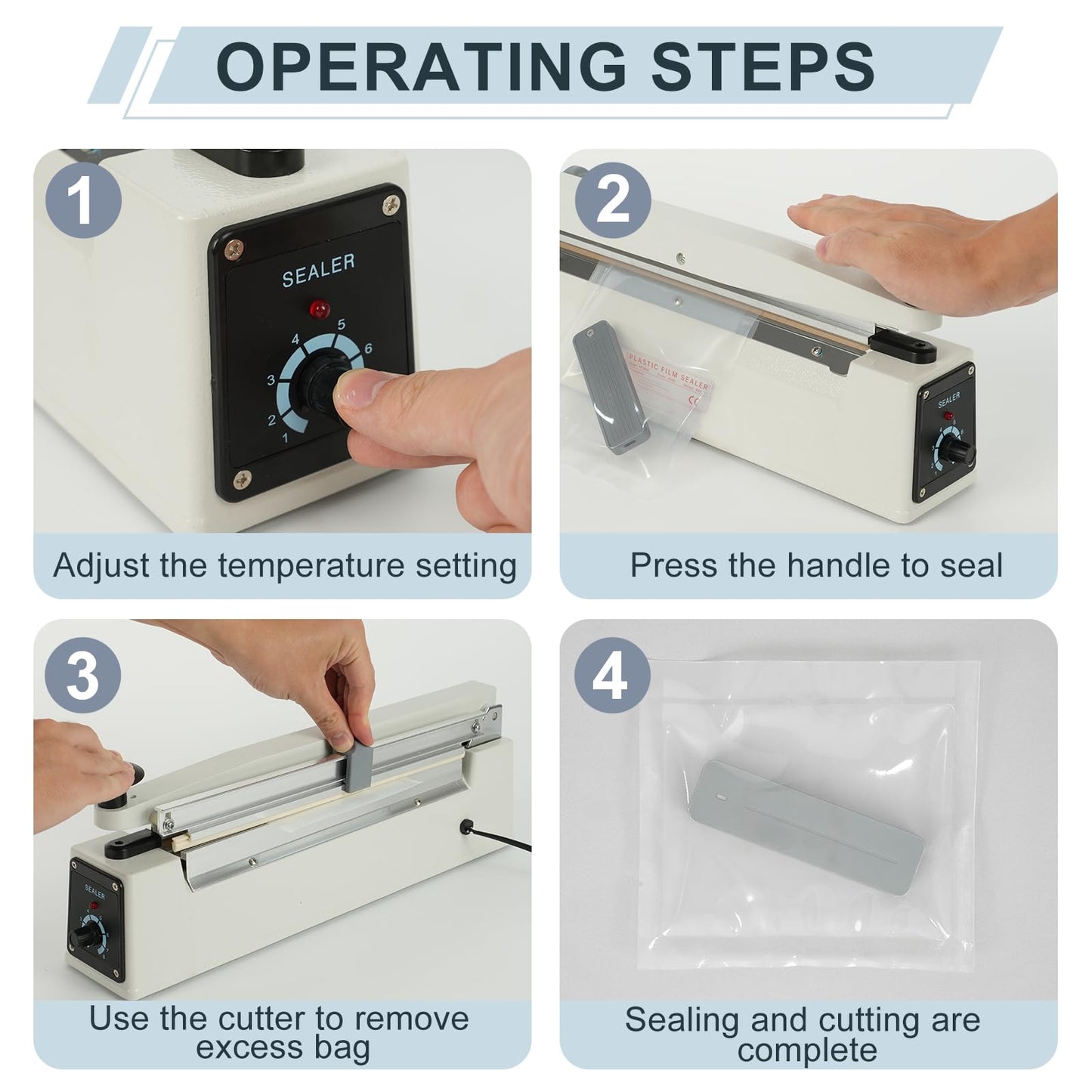 R-PACK Impulse Heat Sealer with Sealing Bar: Heavy-Duty Bag Sealer with Extra Cutting Blade (White, 12-Inch)