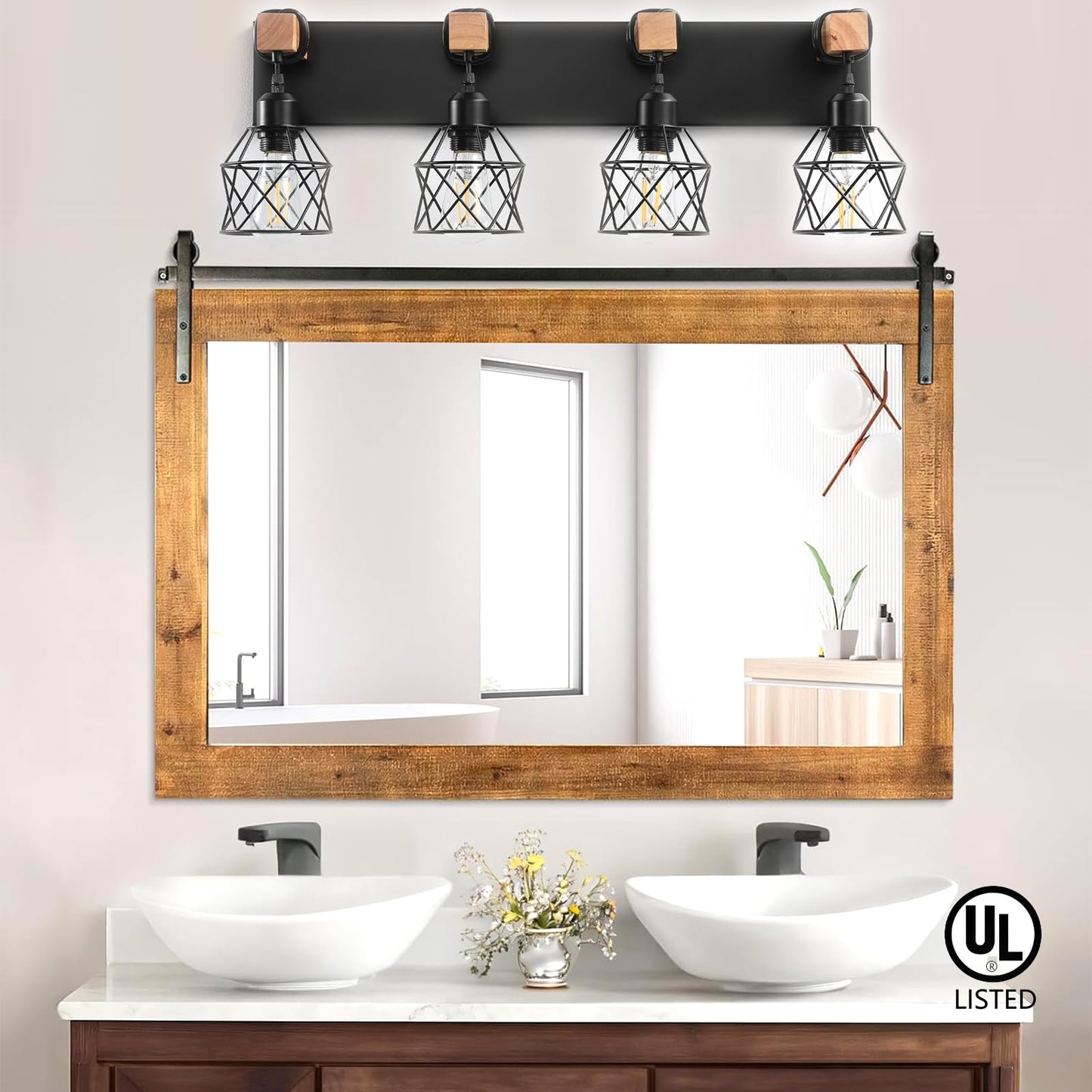 Farmhouse Vanity Light Fixture 4-Light Bathroom Lighting Black Industrial Wood Wall Light Over Mirror With Metal Shade Led Bulbs Not Included