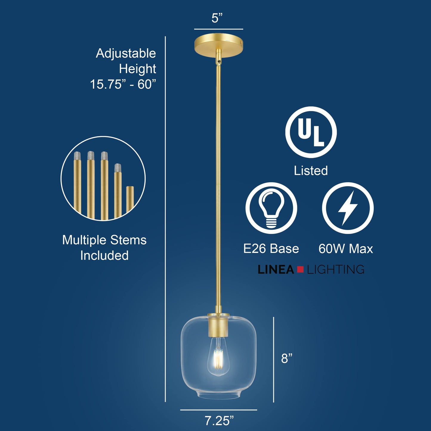 Linea di Liara Piarra Pendant Light, Satin Brass, Square Clear Glass Shade, Model LL-P622-3SB, Ideal for Kitchen Island and Over Sink Lighting