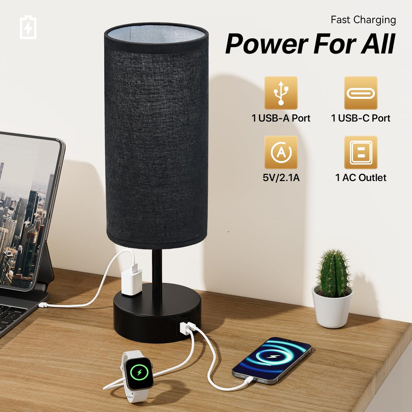 KPQ Touch Control Table Lamp with USB Ports & AC Outlet, 14in Small Size, Black Shade-Black Base, 3-Way Dimmable, Linen Fabric Shade