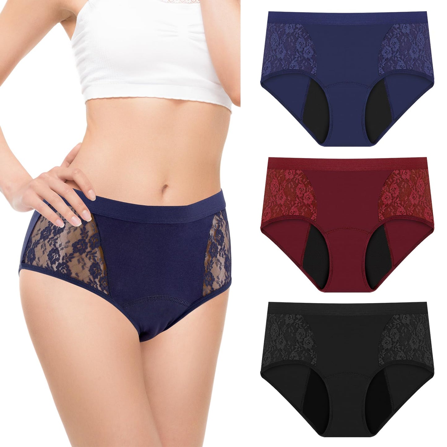 TUXIYA 3-Pack Incontinence Underwear for Women, Leak Proof Underwear for Women Washable & Reusable for Leakage Protective Panties(X-Large,Black/Red/Blue)