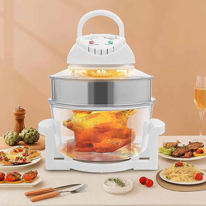 17L Turbo Air Fryer, Portable Glass Air Fryer Countertop Toaster Oven 360°Viewable Glass Halogen Oven Turbo Air Fryers Convection Temperature Control Range 32-482℉ for French Fries & Chips