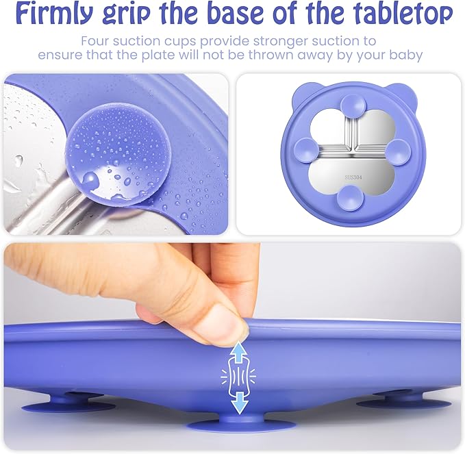 Stainless Steel Kids Plate with Suction Set of 2, 9″ Toddler Divided Plates with Removable Non Slip Silicone Sleeves, Baby Snack Dishes, Non Toxic and BPA Free, Light Pink & Baby Blue