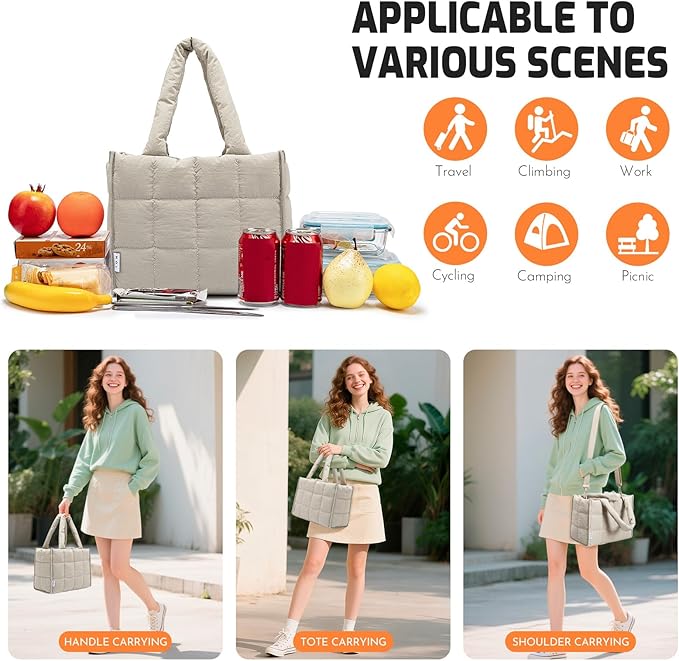 NOL Natural Organic Lifestyle Women's Nylon Lunch Cooler Quilted Tote Bag Puffy Insulated Lunch Bag for Women, Lightweight Waterproof Lunch Box for Work, Picnic, Outdoors,Khaki