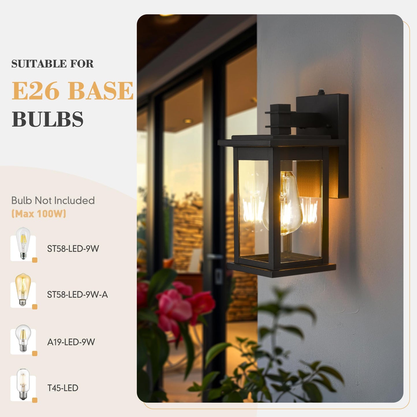 Emliviar Wall Mount Light Fixture, Dusk to Dawn Sensor, 11.8in Black, Clear Glass, Aluminum, 2 Pack, Model 1803EW1-PC-2PK