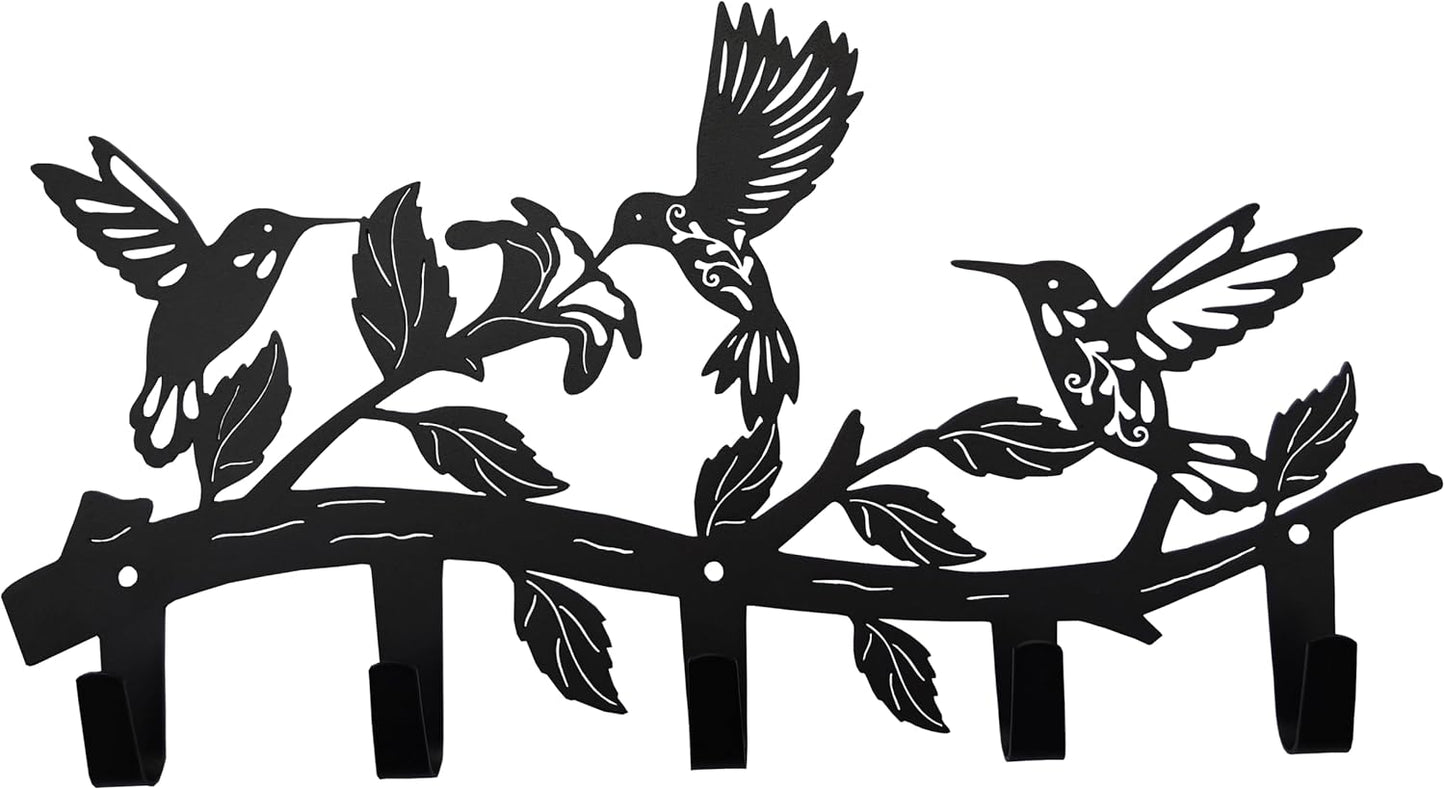 Metal Hummingbird Coat Hooks Wall Art Decor-Hummingbird Hangers and Key Holder-Animal Theme Hooks Sweet Home Decor for Storage, Living Room, Hallway, Office (Black)