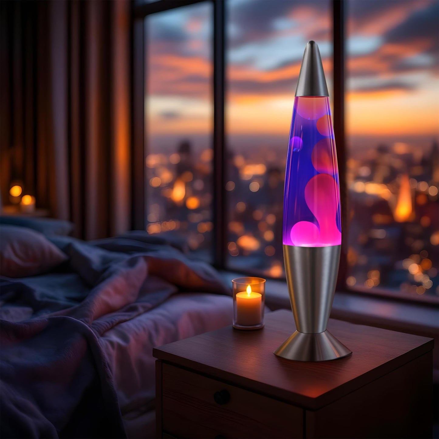Jambo Magma Lamp - 16-Inch Relaxing Night Light, Blue Liquid, Purple Wax, Silver Base, Model 55002
