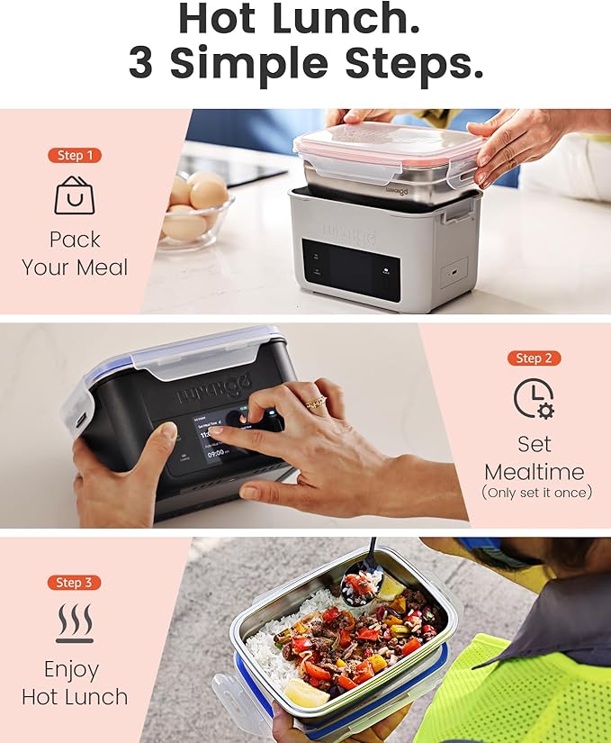 LUNCHGO® G1 Smart Electric Heated Lunch Box – Cordless, 5 Cups Capacity, 74 Wh Battery Powered, 250°F Max, Scheduled Heating, Perfect for Outdoor Work, On-The-Go Meals, 1-Year Warranty (Neon Gray)