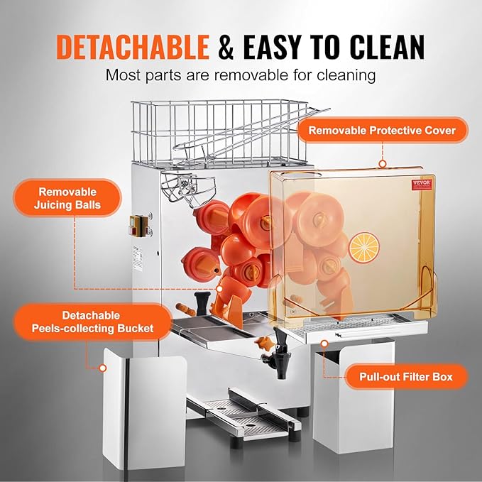 VEVOR Commercial Orange Juicer Machine, 120W Automatic Juice Extractor with Water Tap, Stainless Steel Orange Squeezer 20 Oranges/Minute, with Pull-Out Filter Box, PC Cover, 2 Peel Collecting Buckets