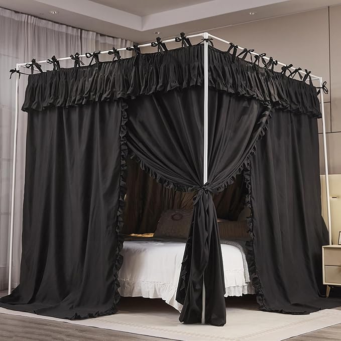 4 Corners Post Princess Ruffle Curtain Bed Canopy Lace Up Elastic Cozy Breathable Tent Mosquito Net for Girls Bedroom Decoration(Black, 47-53" W*78" L*82"*H/Full)