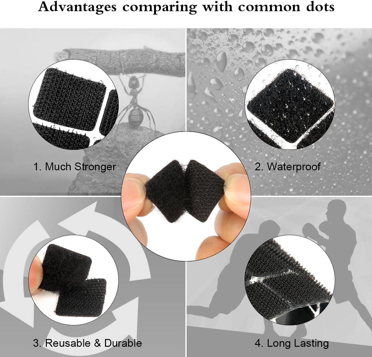 Self Adhesive Dots, 0.59 Inch Diameter 1600pcs(800Pairs) Strong Sticky Hook Tapes, Square Adhesive Back Loop Nylon Strips with Waterproof Fastener,Perfect for School Classroom,Office,DIY-Black