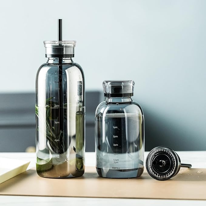 Glass water bottle With Time Marker -15oz with 2 caps and straw,Reusable Glass Drinking Bottles，Suitable For Drinks, Juices, Sodas, Coke, As Gifts Etc (Smoky 15oz)