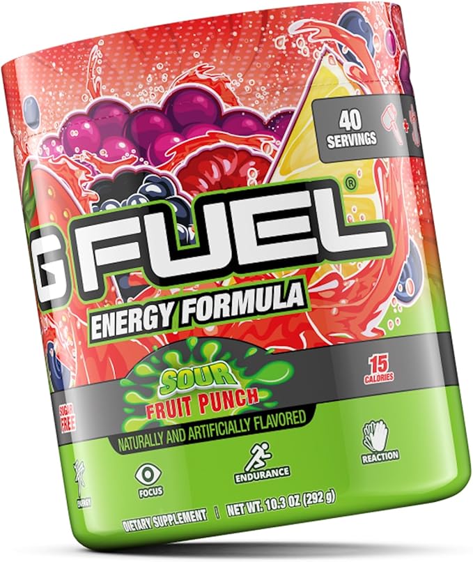 G Fuel Sour Fruit Punch Energy Drink Powder, Pre Workout Caffeine Mix for Gaming, Sugar Free Focus Amino, Vitamin + Antioxidants, 10.3oz (Sour Fruit Punch, 40 Servings)