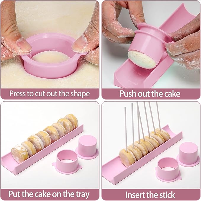 Round Cake Pop Mold Set with 9 Inch Tray and Sticks, ABS Cake Pop Maker, Circle Cake Pop Cutter and Pusher, Baking Molds Kit for Parties, Wedding,Home Desserts Making - Pink