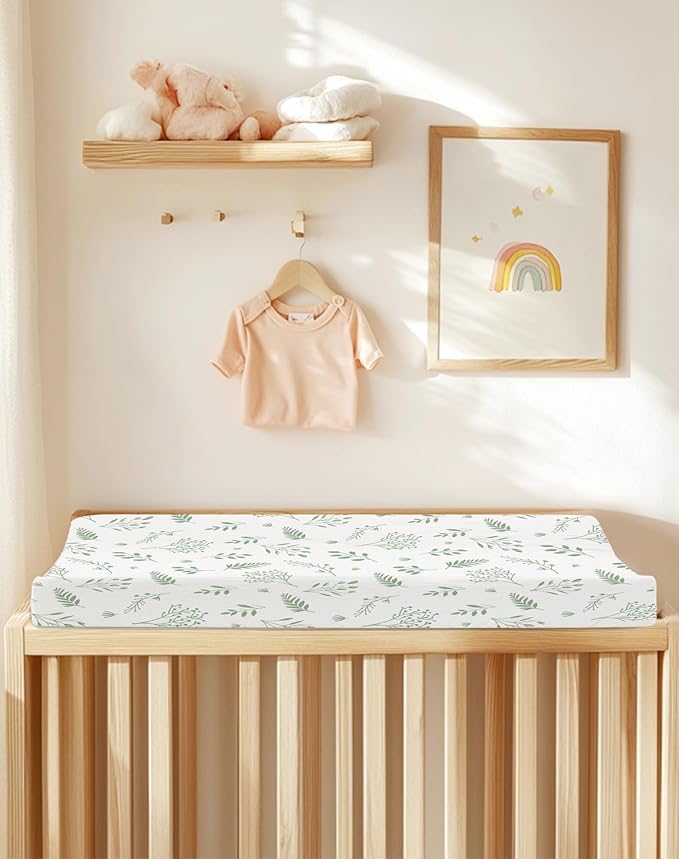 Changing Pad Cover for Baby Boy Girl 2 Pack, Muslin Changing Table Pad Covers with Boho Style, Neutral Nursery Bedding Essentials Soft and Breathable (Fern Leaf & Sage)