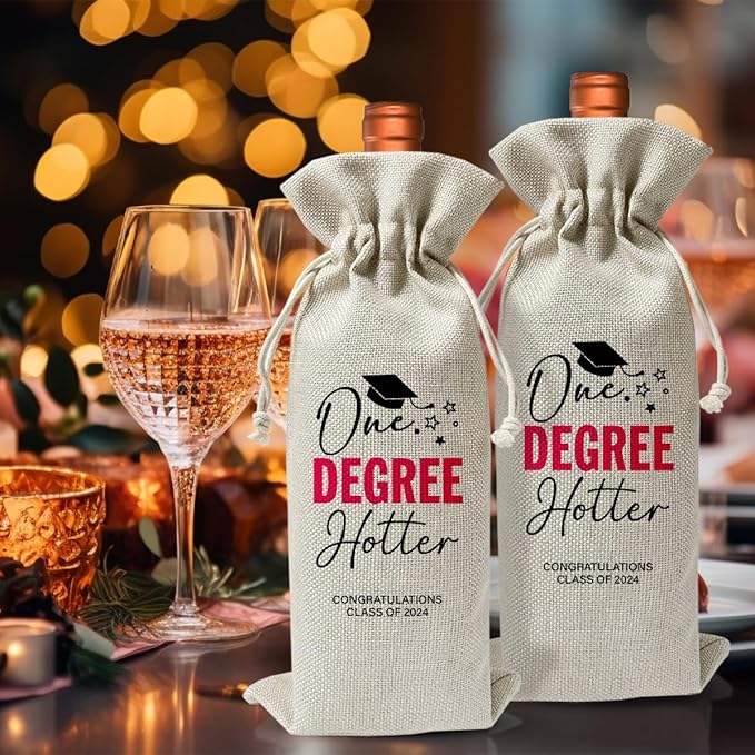 Graduation Wine Bag, One Degree Hotter Gift Wine Bag For Masters Grad, College Graduation Party Favors Decor, Farewell PHD Gift for Women, Wine Champagne Bag, Burlap Wine Bottle Cover Bag