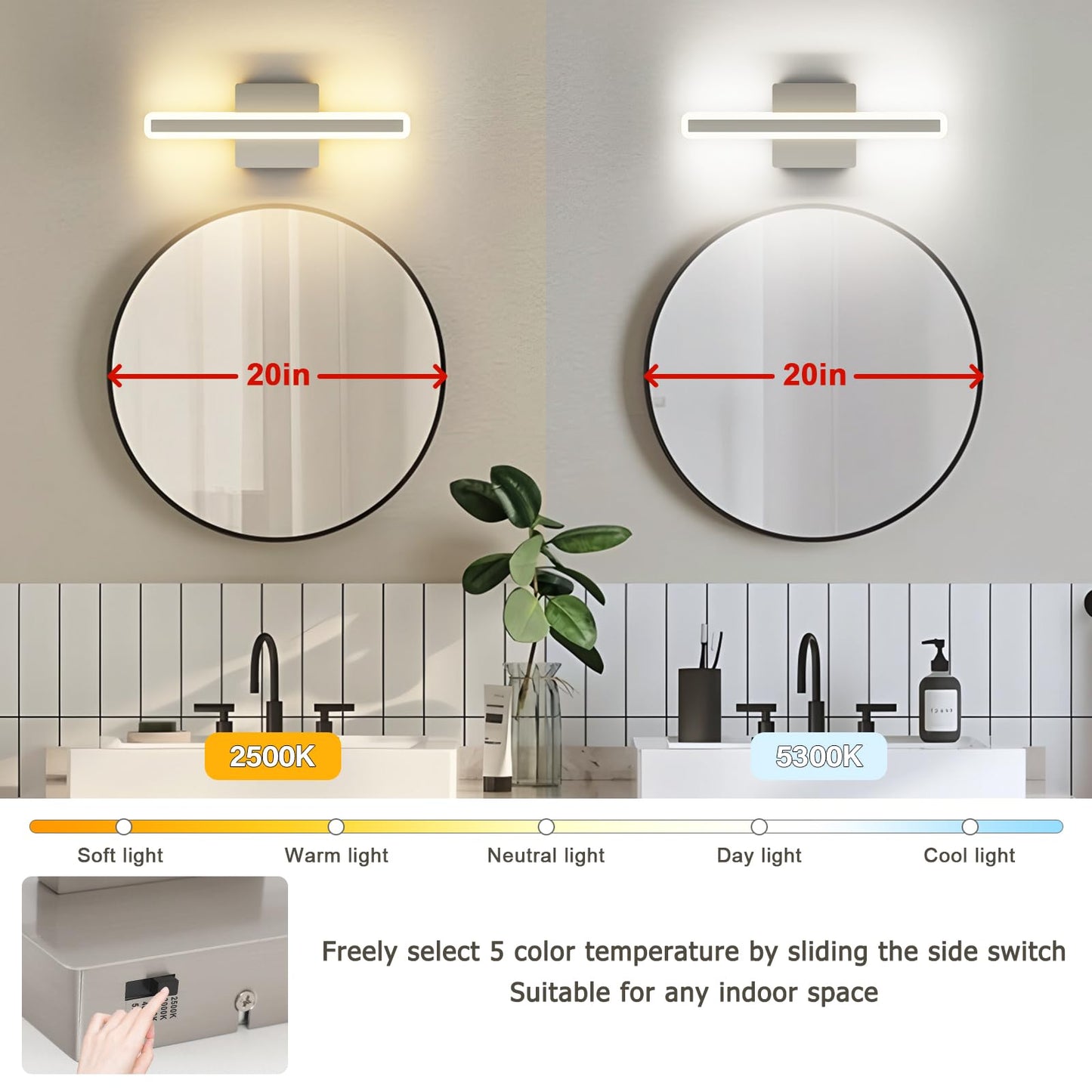 Jusheng Brushed Nickel Vanity Lights For Bathroom  5Cct Dimmable Vanity Light Bar  Modern Led Bathroom Lighting Fixtures Above Mirror 16 Inch 16W