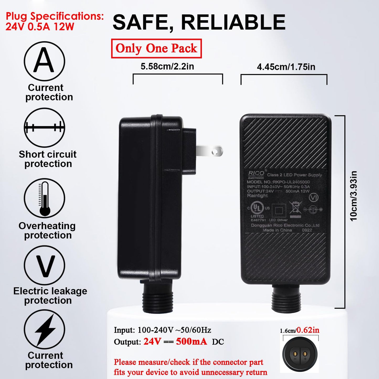 OMIKA 12V 1A Power Supply, LED Transformer Adapter, Model RKPO-UL121000D, One Pack, Outdoor Low Voltage