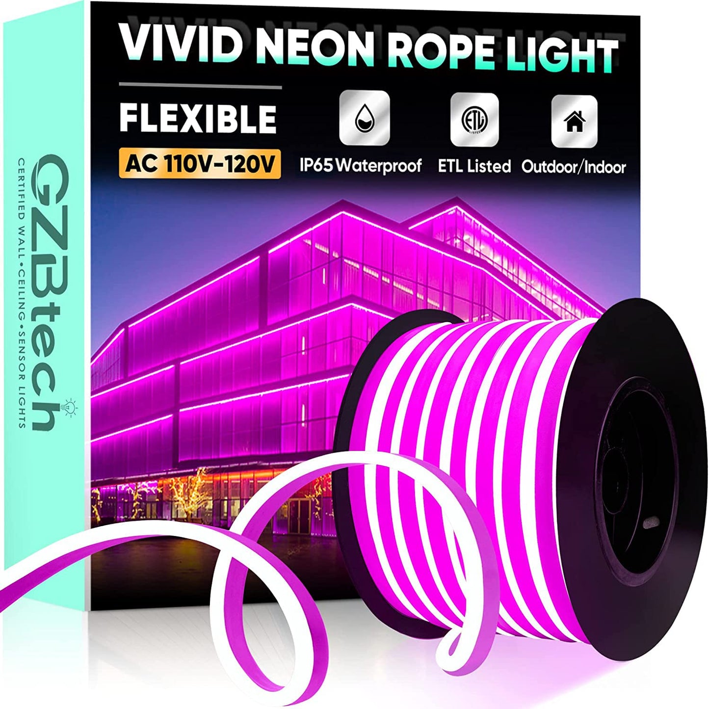 Gzbtech Flexible Led Neon Rope Lights 66Ft Ac 110-120V Waterproof Strip Light  120 Leds/M Cuttable Connectable Neon Lighting For Indoor Outdoor Home Decor/Commercial Building Use-Pink 20M