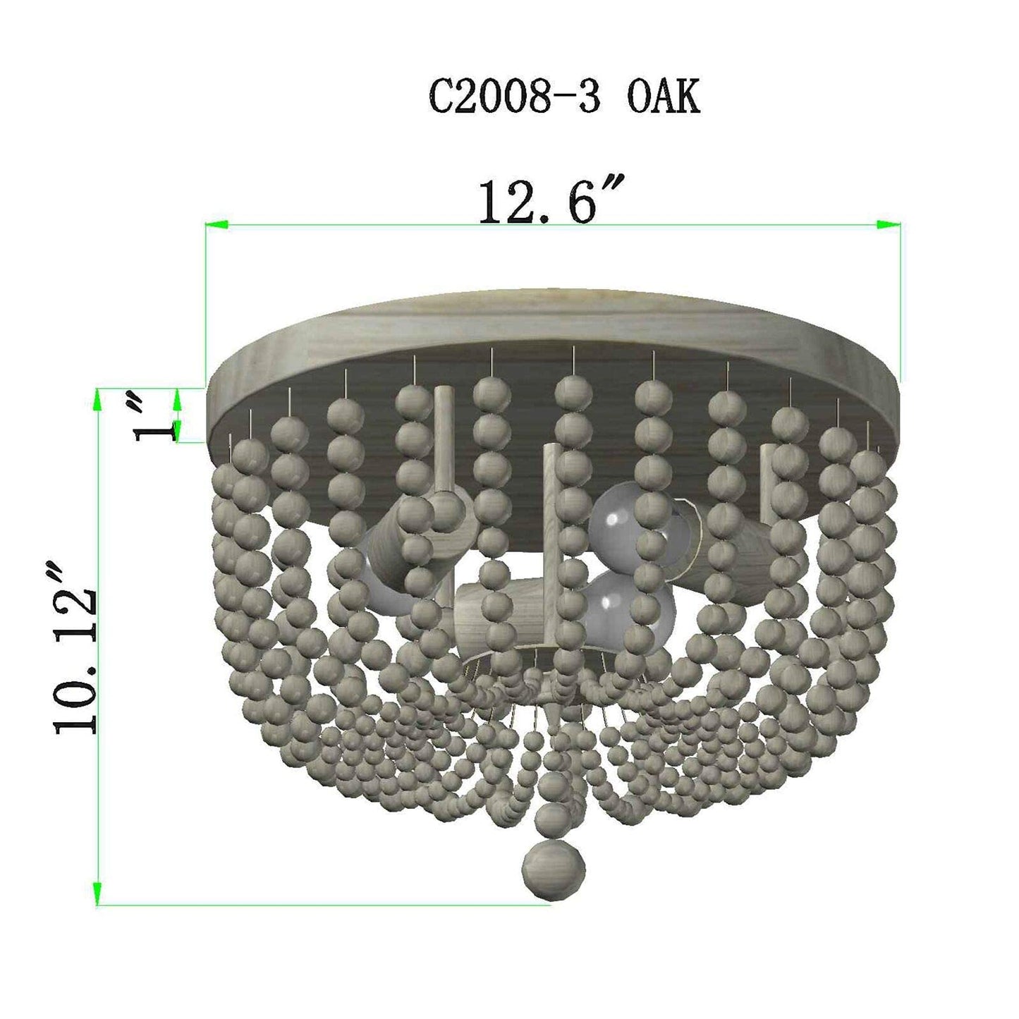 Q&S Wood Beaded Chandelier - Boho Farmhouse Light Fixture, 3 Lights, Oak White, Semi Flush Mount For Hallway, Nursery, Bedroom, Living Room