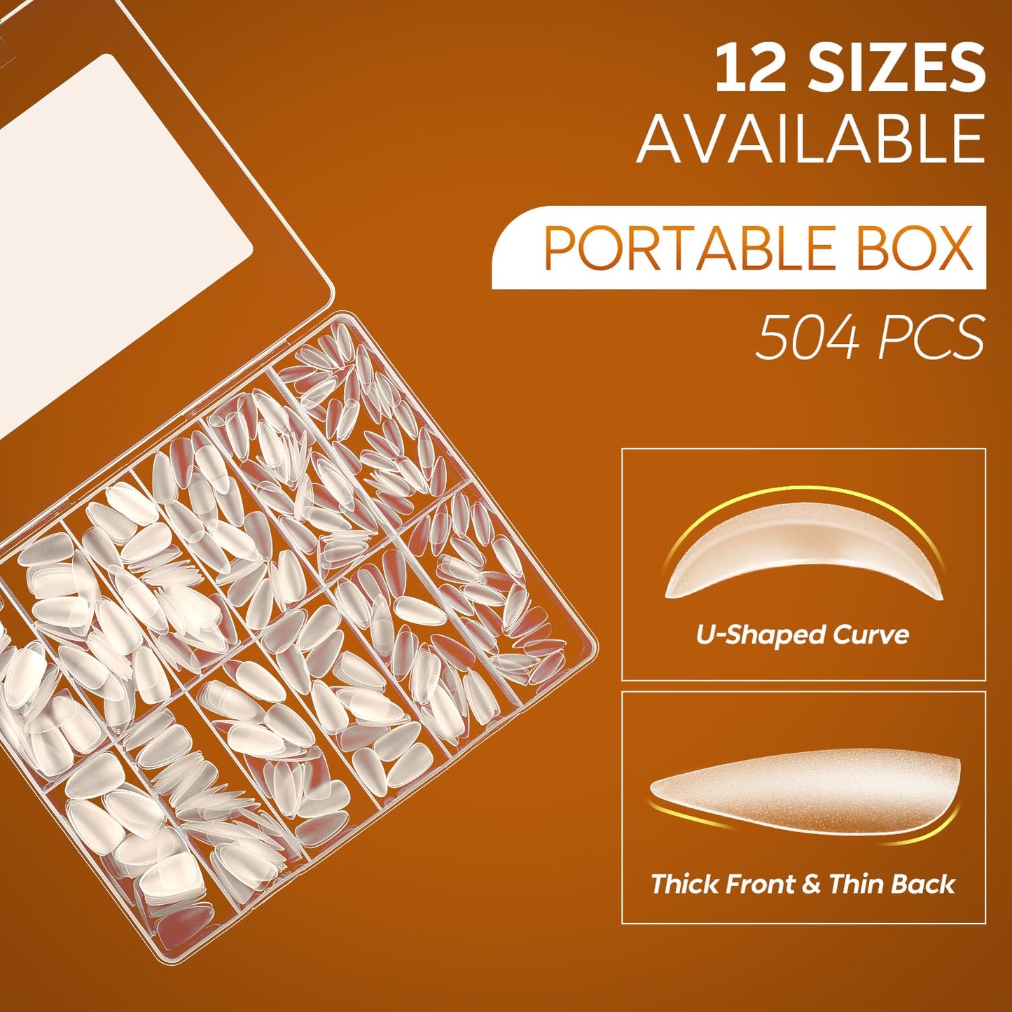 Nicedeco Gel Nail Tips Medium Almond Etch X Nail Tips, 10 Sizes 500 PCS Matte Full Cover False Nails Clear Acrylic Nails Glue on