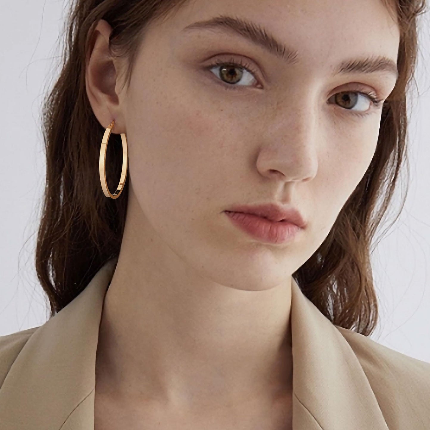 Gacimy Gold Hoop Earrings for Women, 14K Gold Plated Flatted Hoops with 925 Sterling Silver Post, 40mm Medium Earrings for Women