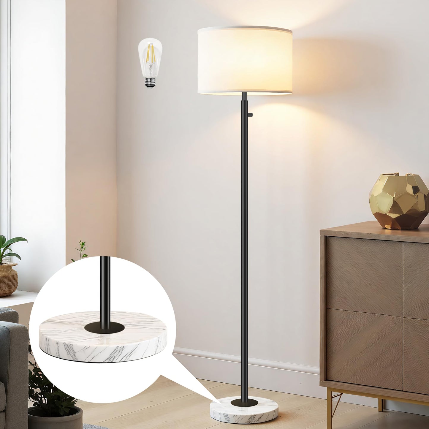 Aulaiyi Modern Floor Lamp, Tall Standing Lamp with Marble Base, LED Bulb Included, WK012-Black, Natural Linen