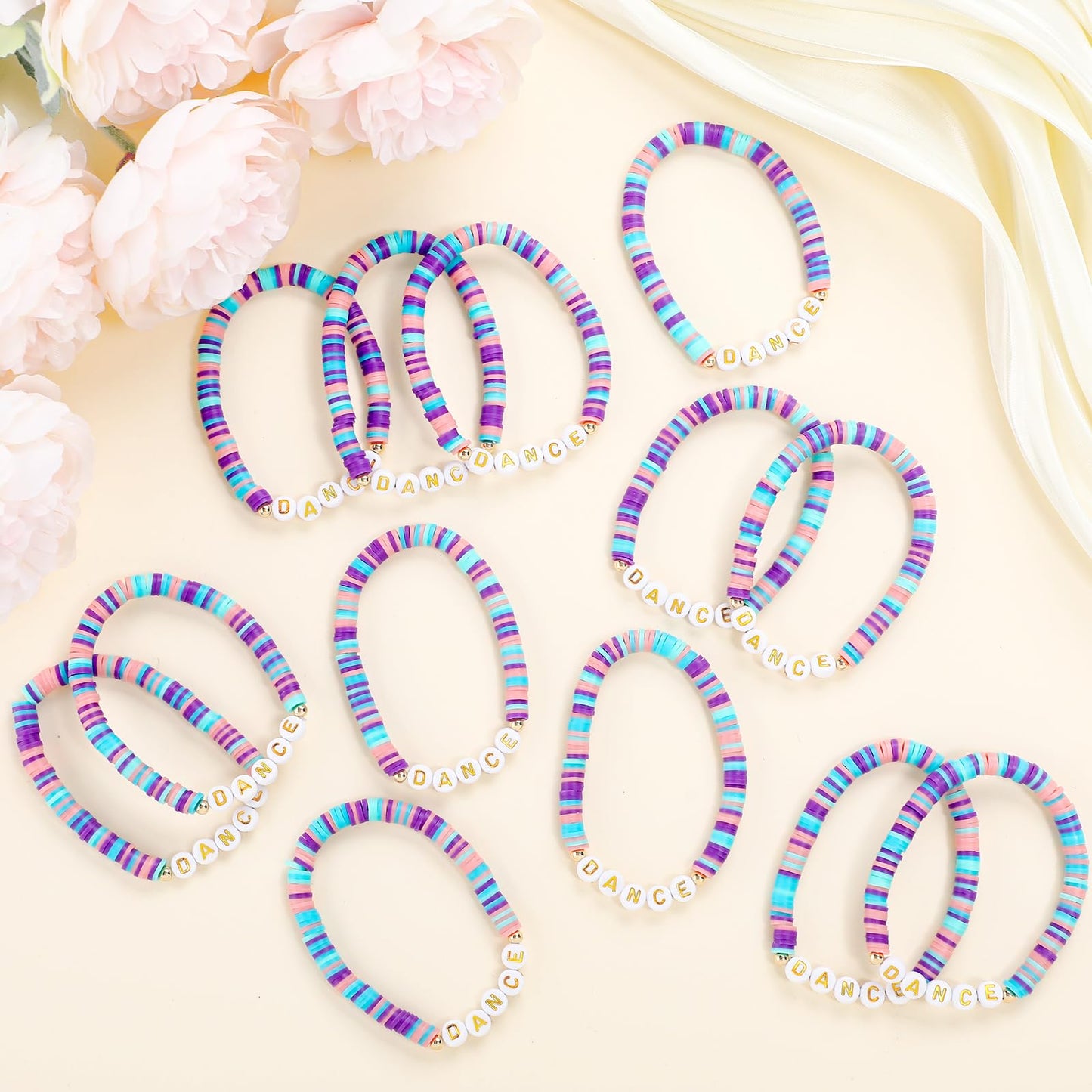 Blosssound 24 Pcs Dance Polymer Clay Beaded Bracelet Bulk Stretch Heishi Bracelet for Dancer Party Favors Team Gift Colorful Dan