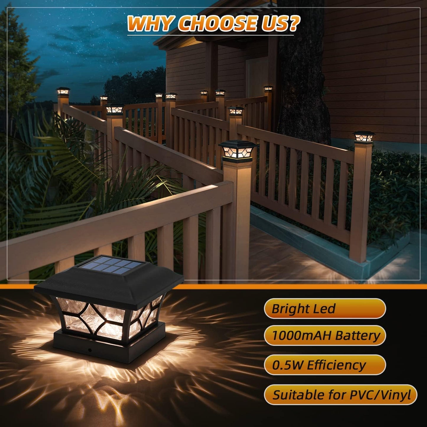 APONUO Solar Post Cap Lights - 16 Pack, 2-Mode, IP64 Waterproof, Black, for 4x4, 5x5, 6x6 Wood/Vin