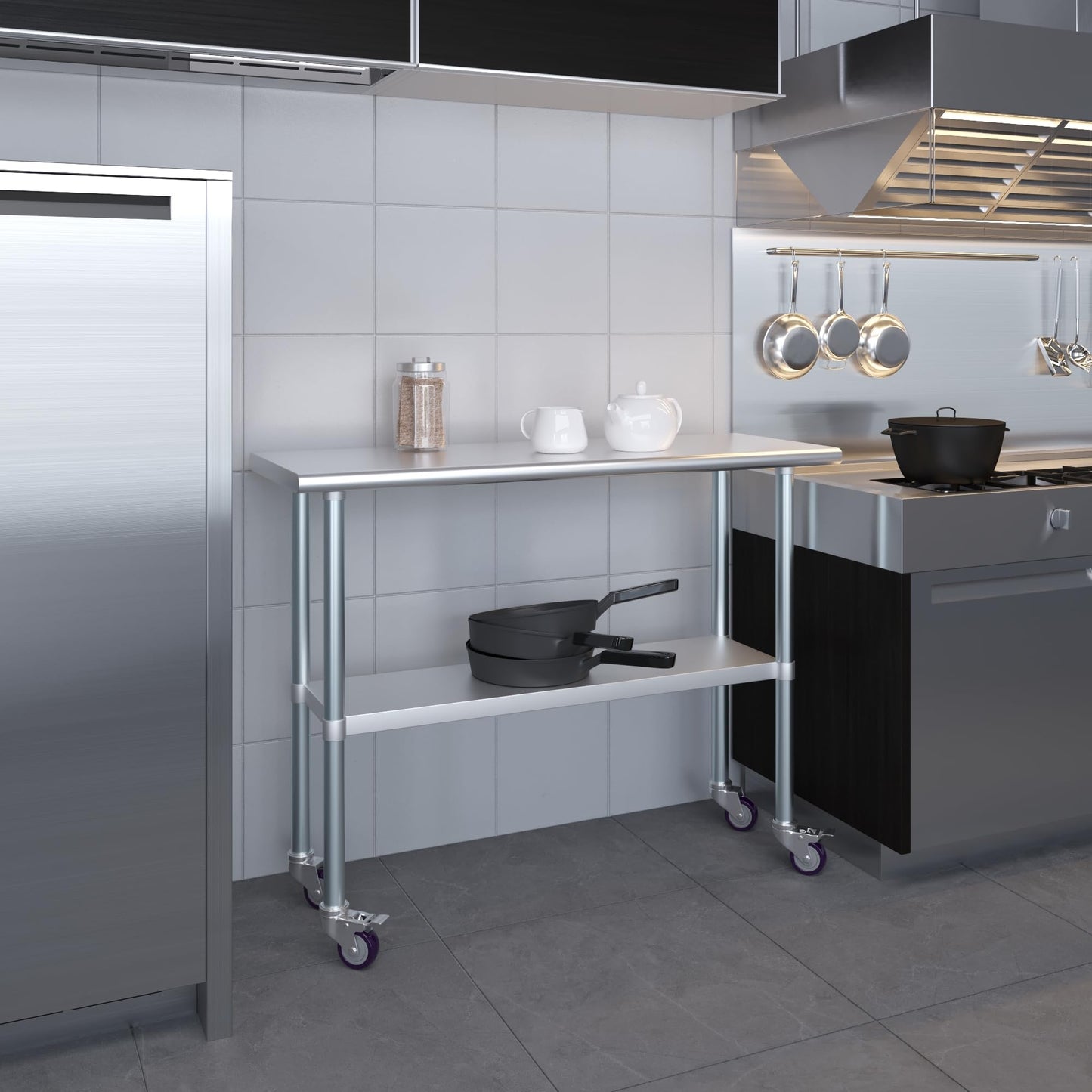 AmGood 18 in. x 48 in. Stainless Steel Work Table with Wheels | Metal Kitchen Food Prep Table | NSF