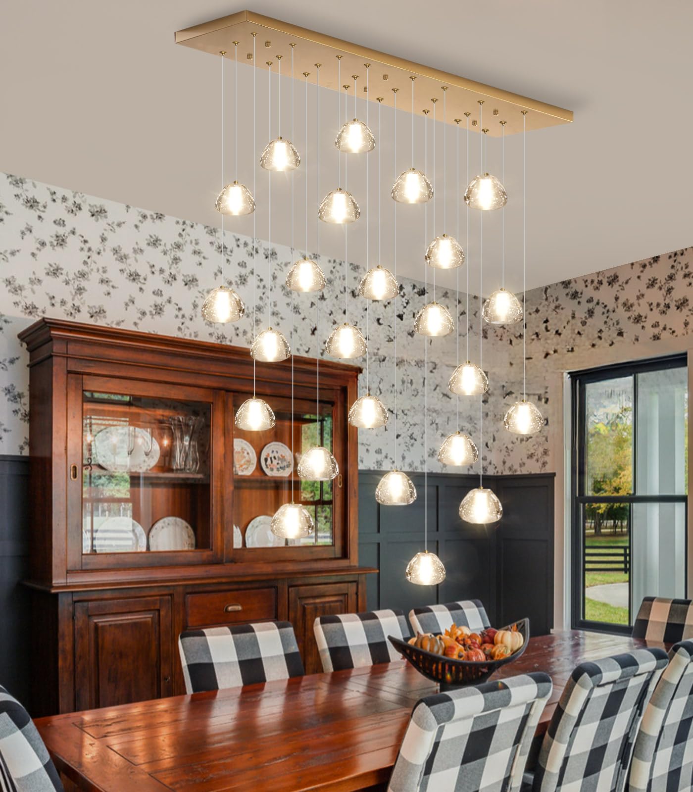 24-Lights Modern Crystal Rectangular Chandelier Led Raindrop Ceiling Pendant Light Crystal Lighting Fixture For Living Room Hotel Staircase Hallway Foyer Entryway Bedroom Gold