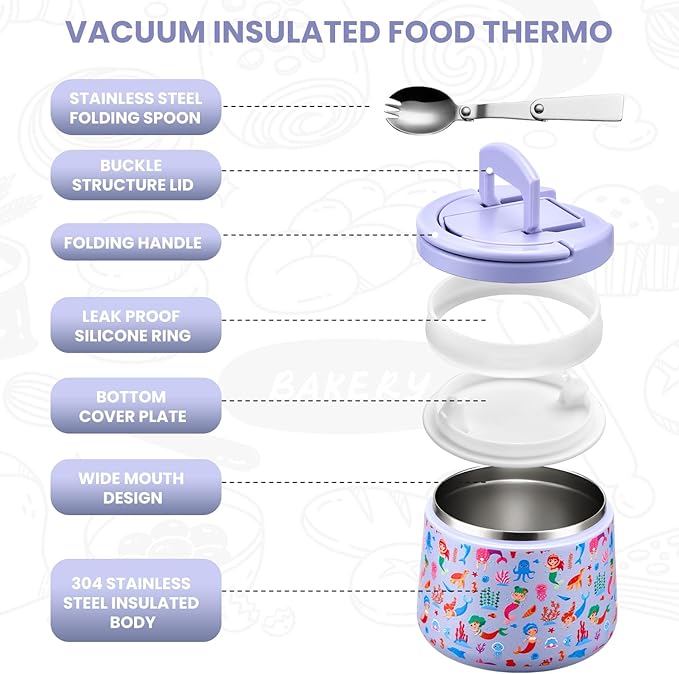 Kids Thermo for Hot Food, 14oz Insulated Soup Jar, Stainless Steel Lunch Box with Leakproof Lid & Spoon, Vacuum Insulated Bento Container (Mermaids Purple)