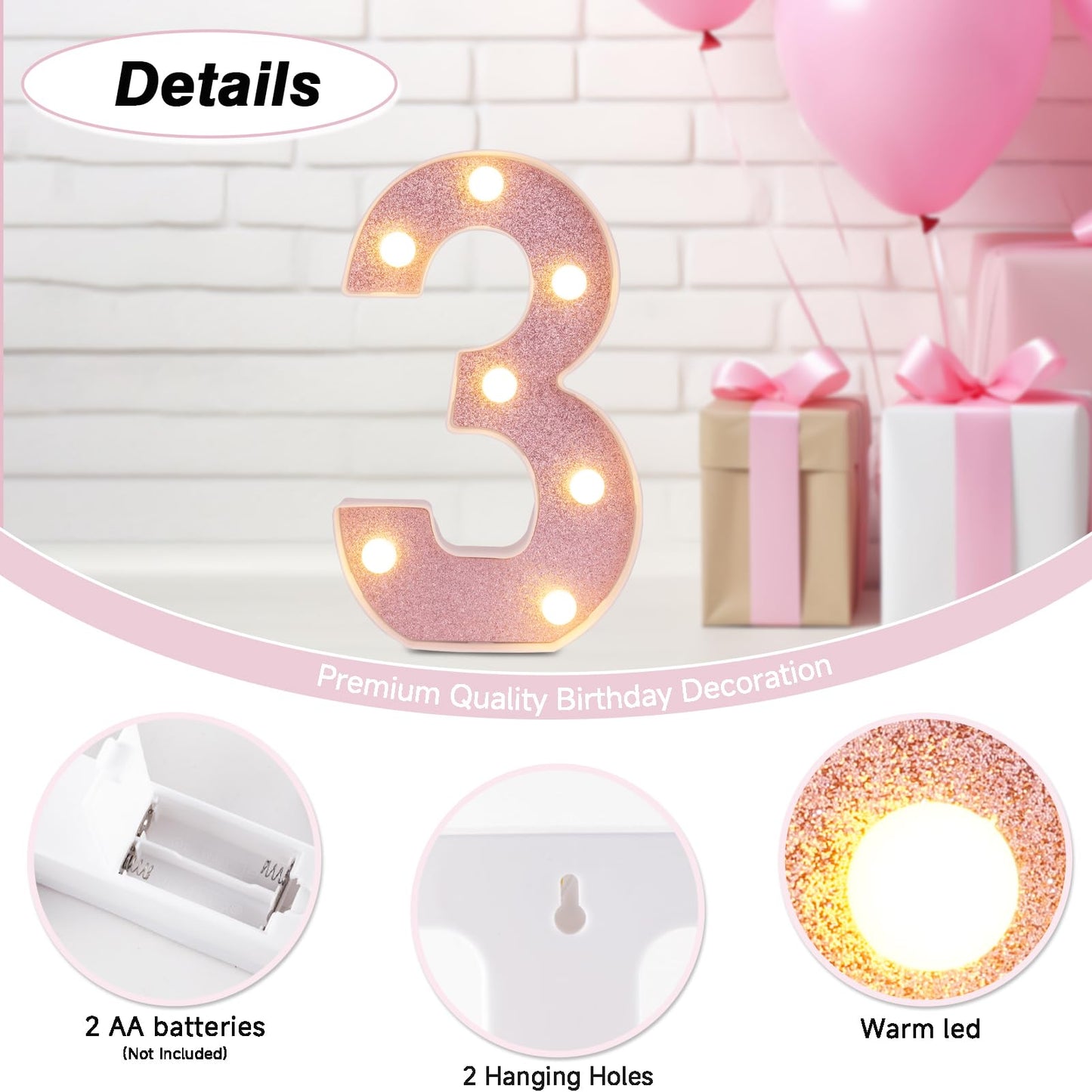 DyingSwan LED Marquee Number Light, 8.58 Inch, Pink Glitter, Battery Powered, Table Decor, Number 3