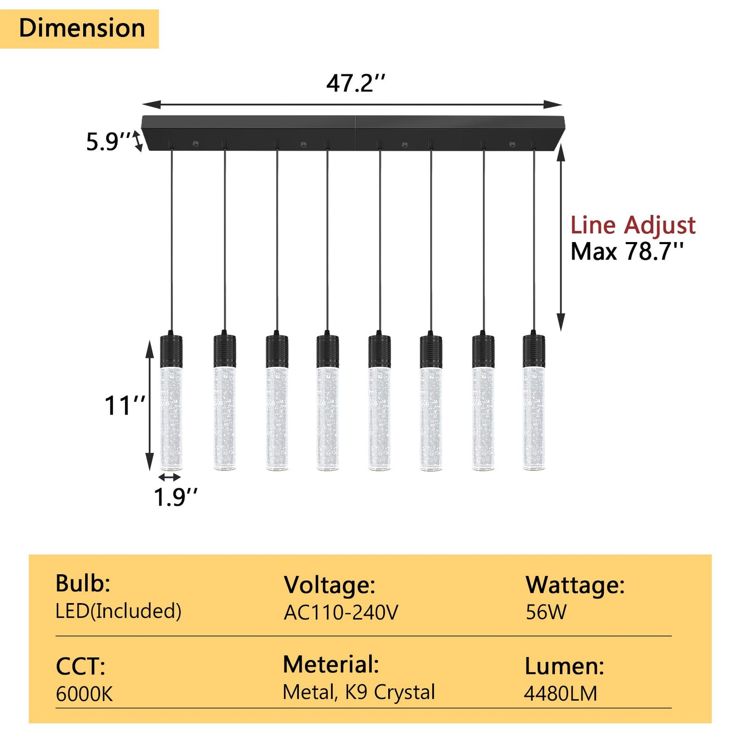Dolria 8-Lights Modern Crystal Chandeliers For Kitchen Island Pendants Lighting Fixture For Dining Room Led Ceiling Light For Hallway Foyer 6000K Black