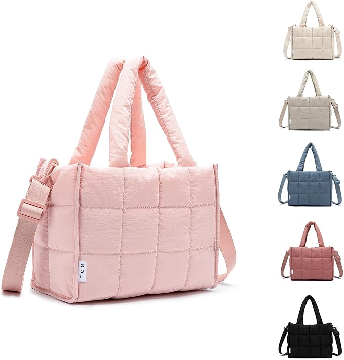 NOL Natural Organic Lifestyle Women's Nylon Lunch Cooler Quilted Tote Bag Puffy Insulated Lunch Bag for Women, Lightweight Waterproof Lunch Box for Work, Picnic, Outdoors,Pink