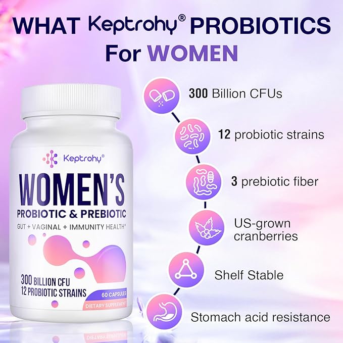 Vaginal Probiotics for Women - 300 Billion CFUs 12 Strains Probiotics with Prebiotic, Organic Cranberry Extract Daily Women's Probiotic for Vaginal, Urinary, Digestive, Gut, Immune Health, 60 Capsules