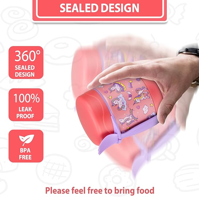 Kids' Lunch Insulated Food Jar with Spoon - 10oz Stainless Steel, Leak Proof, Wide Mouth, Hot Food Thermo for School (Pink, Unique Horse)